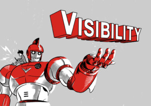 Monster Tamer Robot stands with his arm out and the words "visibility" floating above his hand.