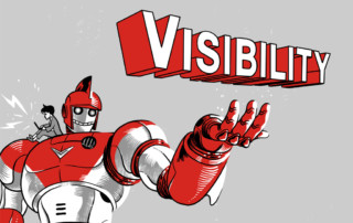 Monster Tamer Robot stands with his arm out and the words "visibility" floating above his hand.
