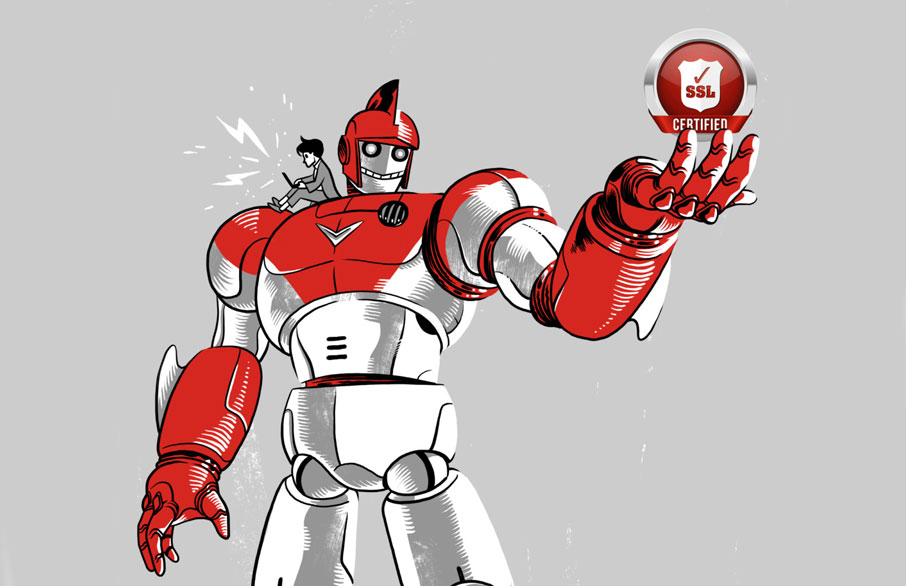 Illustration of Monster Tamer Robot stands with his arm out and an SSL certified badge floating above his hand.