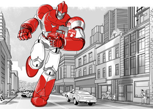 Monster Tamer Robot sprinting through the city carrying a truck that symbolizes our clients.