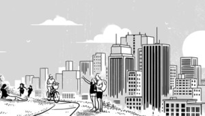 People enjoying a park with a city close in the background. Illustration.