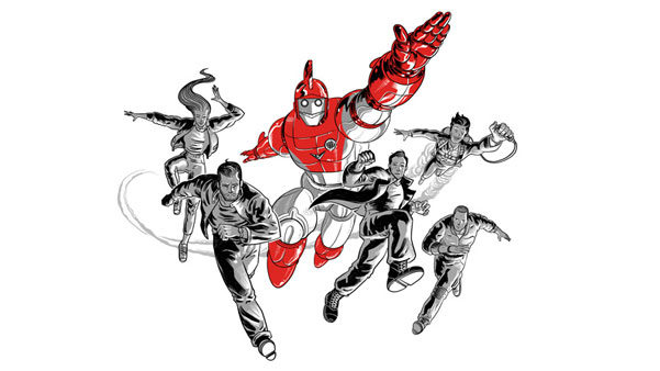 Monster Tamer team in a superhero-like action shot. Illustration.