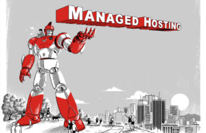 Monster Tamer robot lifting 3D text "Managed Hosting" high over a city.