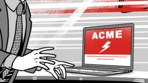 Engineer sitting at laptop with "ACME" displayed on the screen.