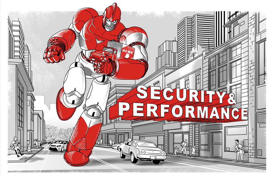Illustration of Monster Tamer Robot sprinting through the city carrying a truck that symbolizes our clients.