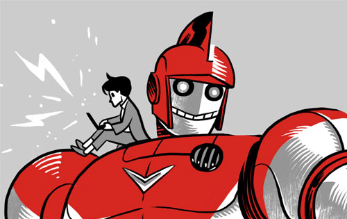 young man sits on shoulder of giant red robot while typing on laptop