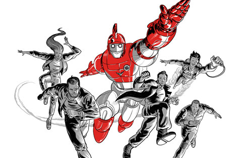 illustration of monster tamer team in super-hero like action shot with flying robot in center