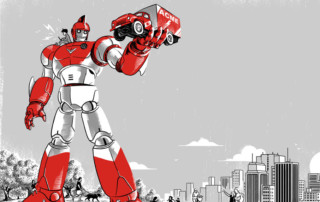 Illustration of Monster Tamer robot lifting a truck that symbolizes our clients high over a city.