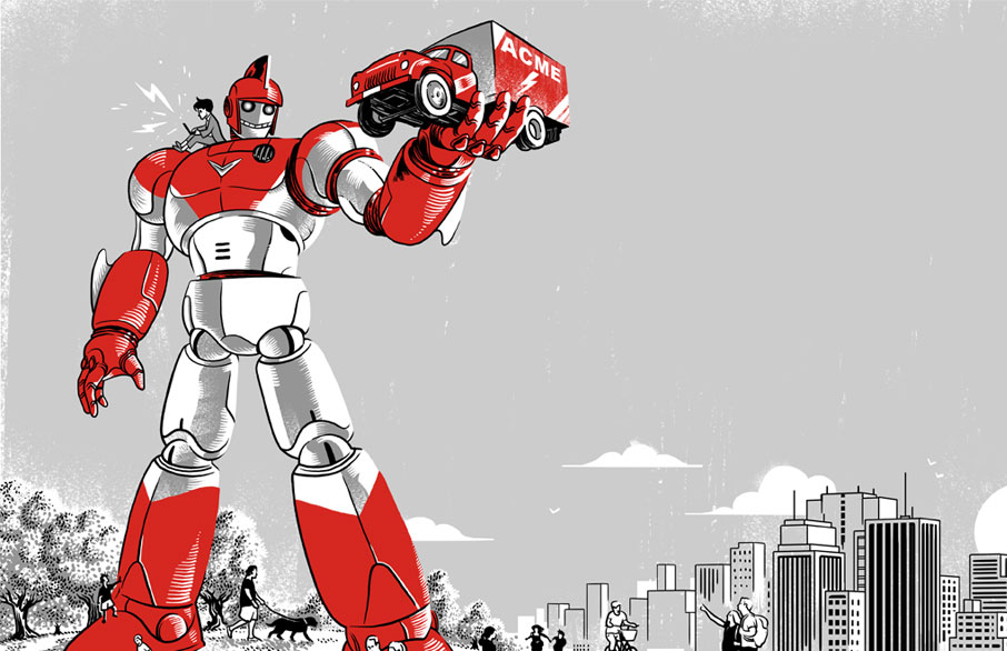 Illustration of Monster Tamer robot lifting a truck that symbolizes our clients high over a city.