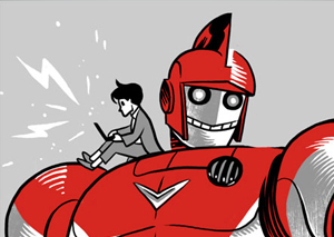 young man sits on shoulder of giant red robot while typing on laptop
