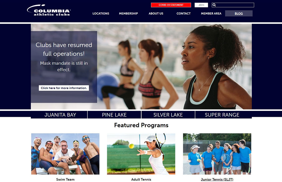 Screenshot of Columbia Athletic Club's website homepage
