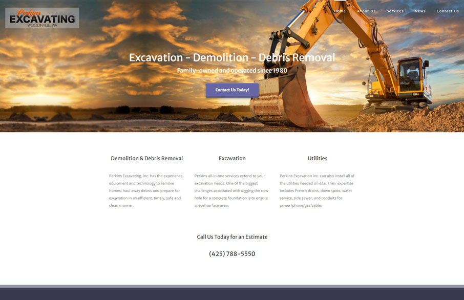 Screenshot of Perkins Excavating's website homepage